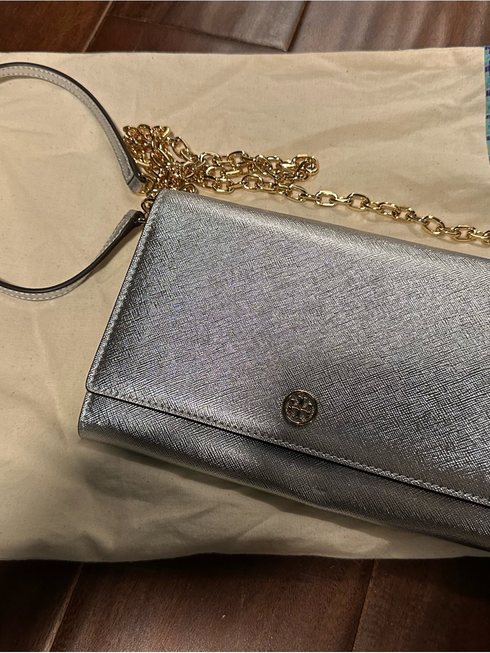 Tory Burch Silver Metallic Crossbody/Clutch with Gold Chain